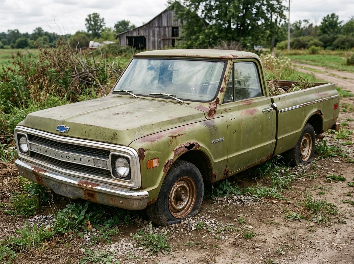 Derelict rusty faded-green 1969 Chevrolet C10 pickup truck before restoration